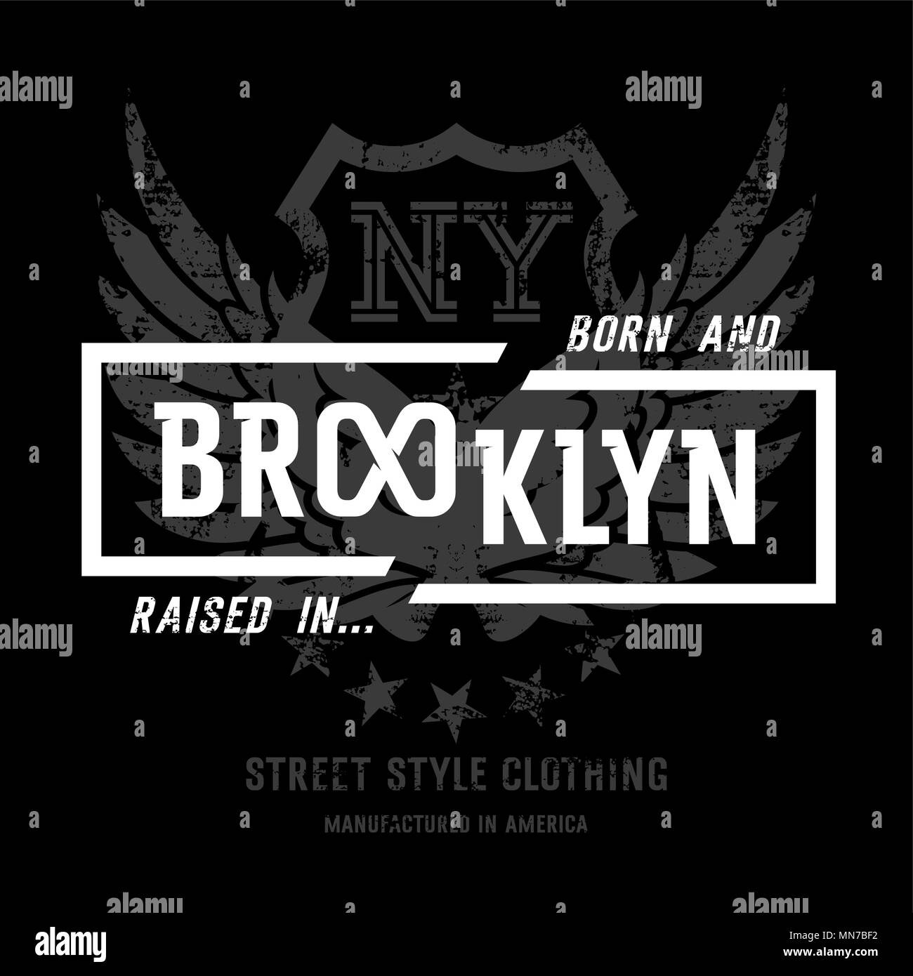 Lettering 'Born and raised in Brooklyn' and American Eagle wings. This illustration can be used as a print on T-shirts and other clothes Stock Vector