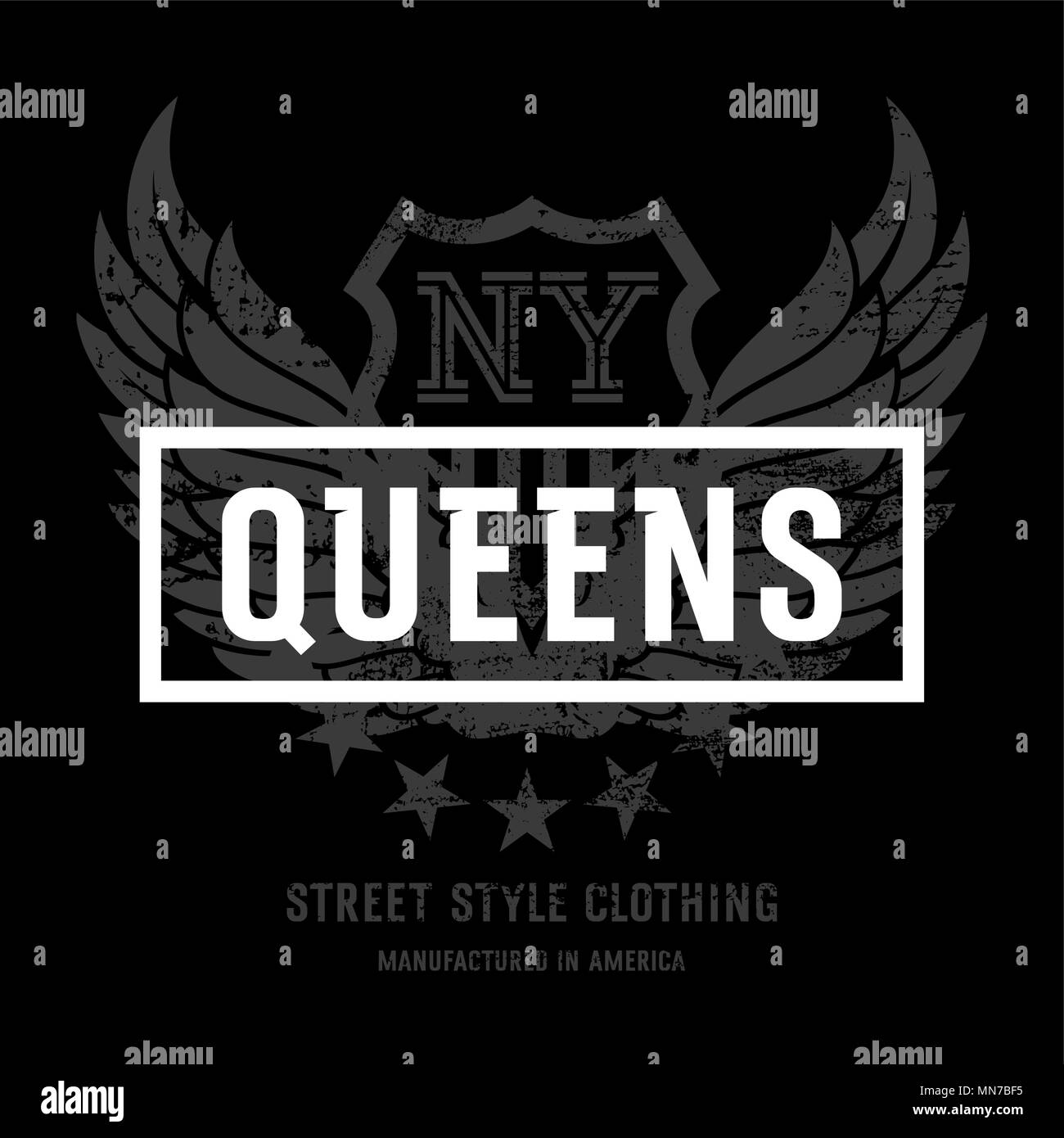 Lettering 'Queens NY' and American Eagle wings. This illustration can be used as a print on T-shirts and other clothes Stock Vector