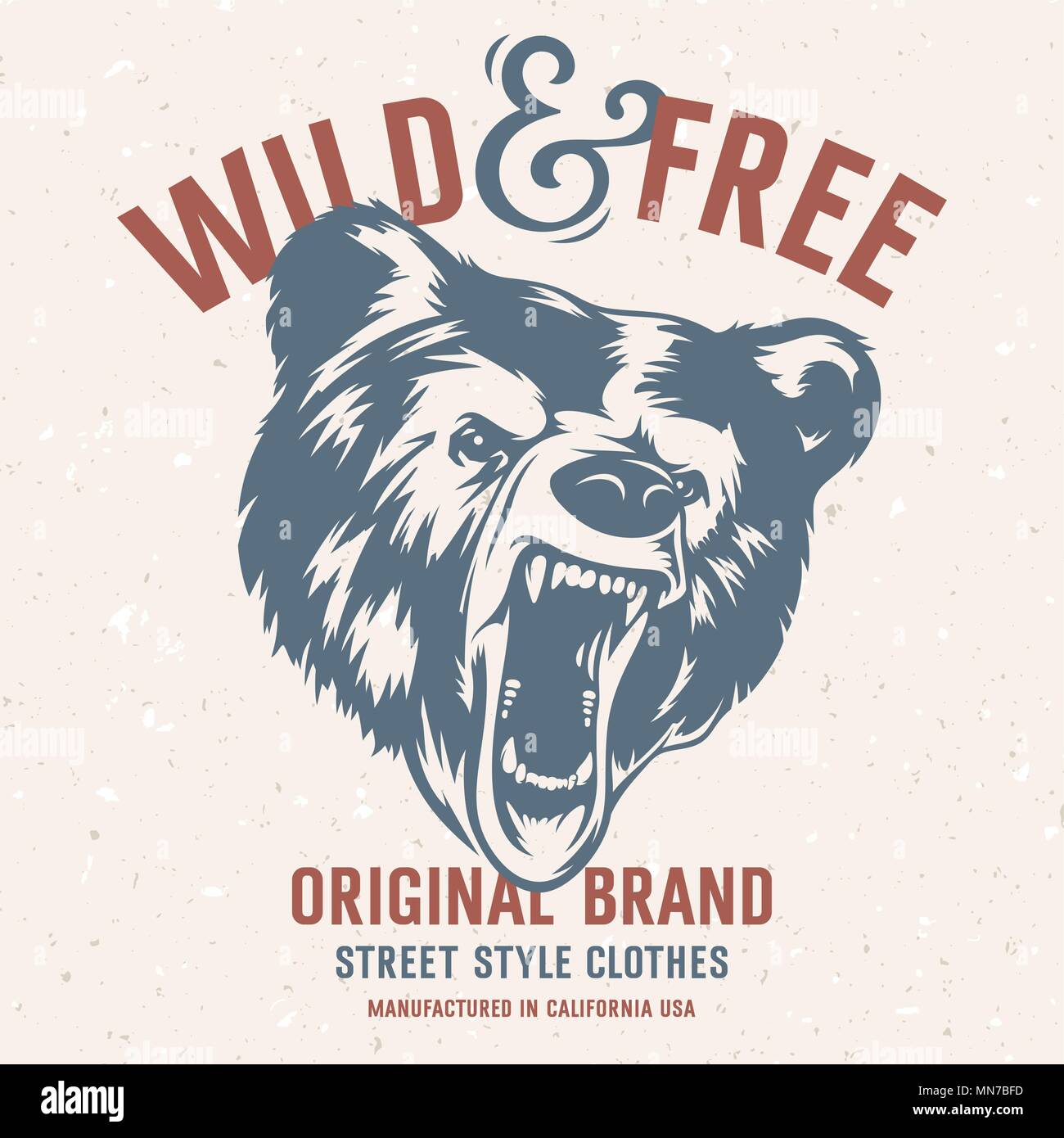 Wild and Free vintage typography with a  head of a grizzly Bear, t-shirt print graphics. Grunge background on separate layer Stock Vector