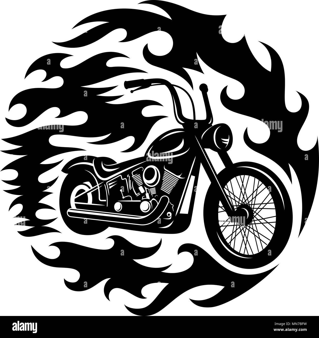 Classic chopper motorcycle with spurts of flame. T-shirt print graphics ...