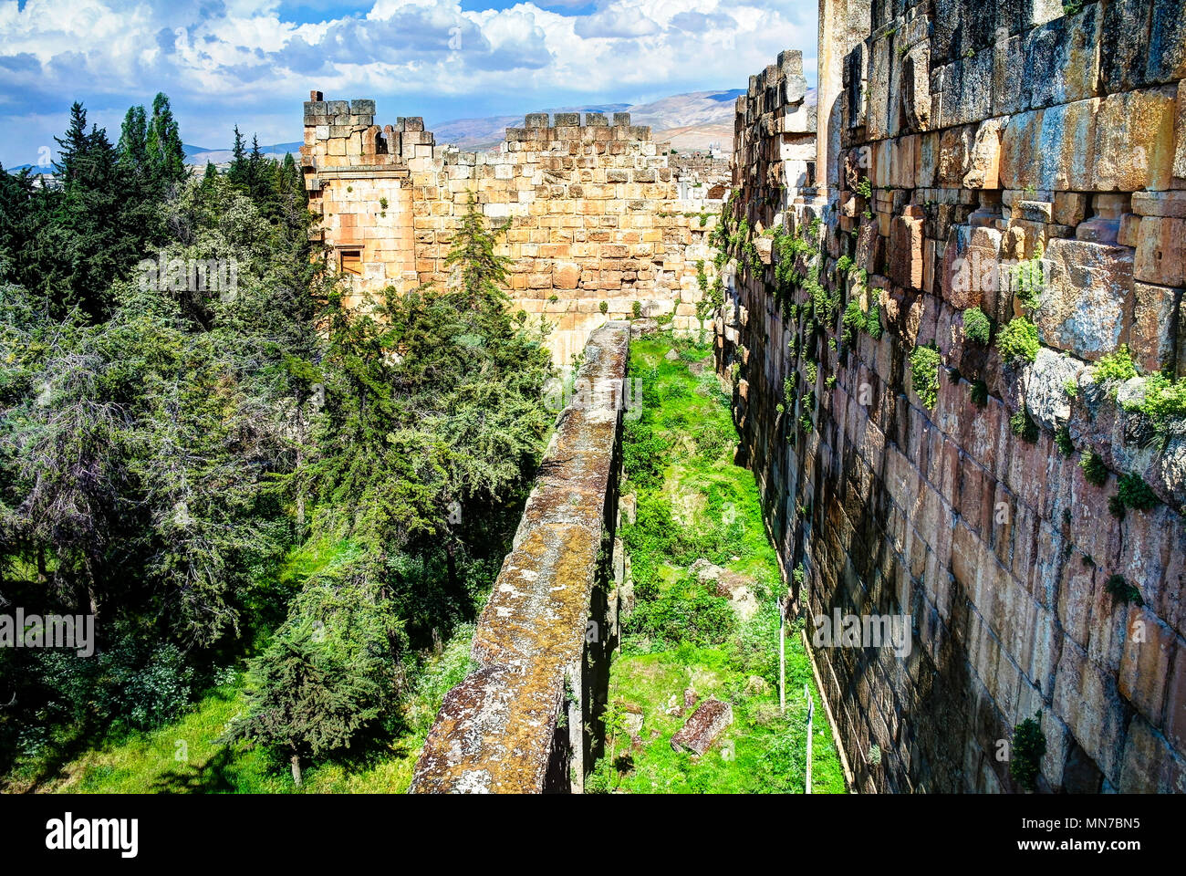 Ruins of wall of great court of Heliopolis and trilithons , Baalbek at Bekaa valley Lebanon Stock Photo