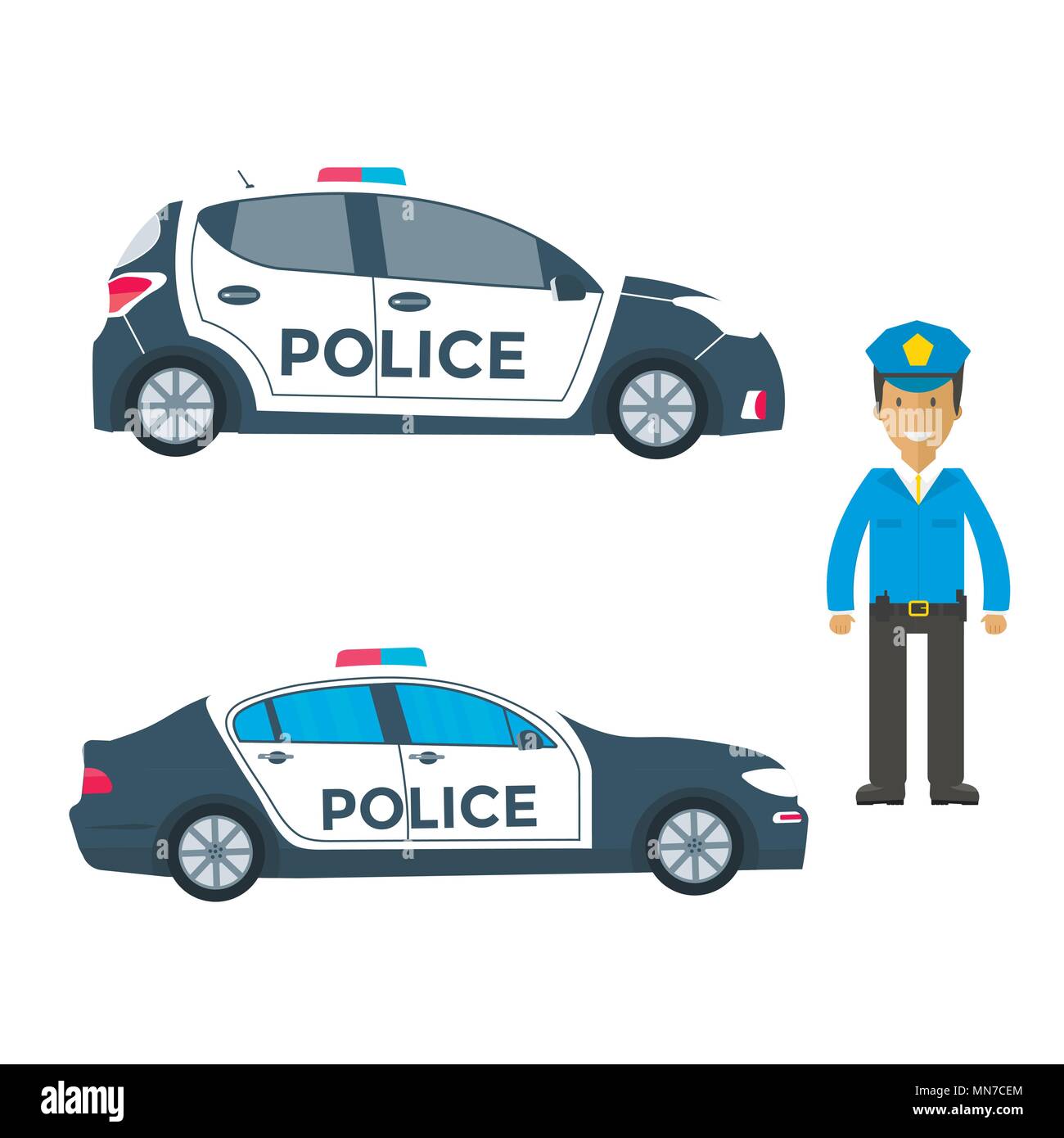Police patrol on a road with police car, officer. Policeman in uniform,  vehicle with rooftop flashing lights. Flat vector illustration. Stock Vector