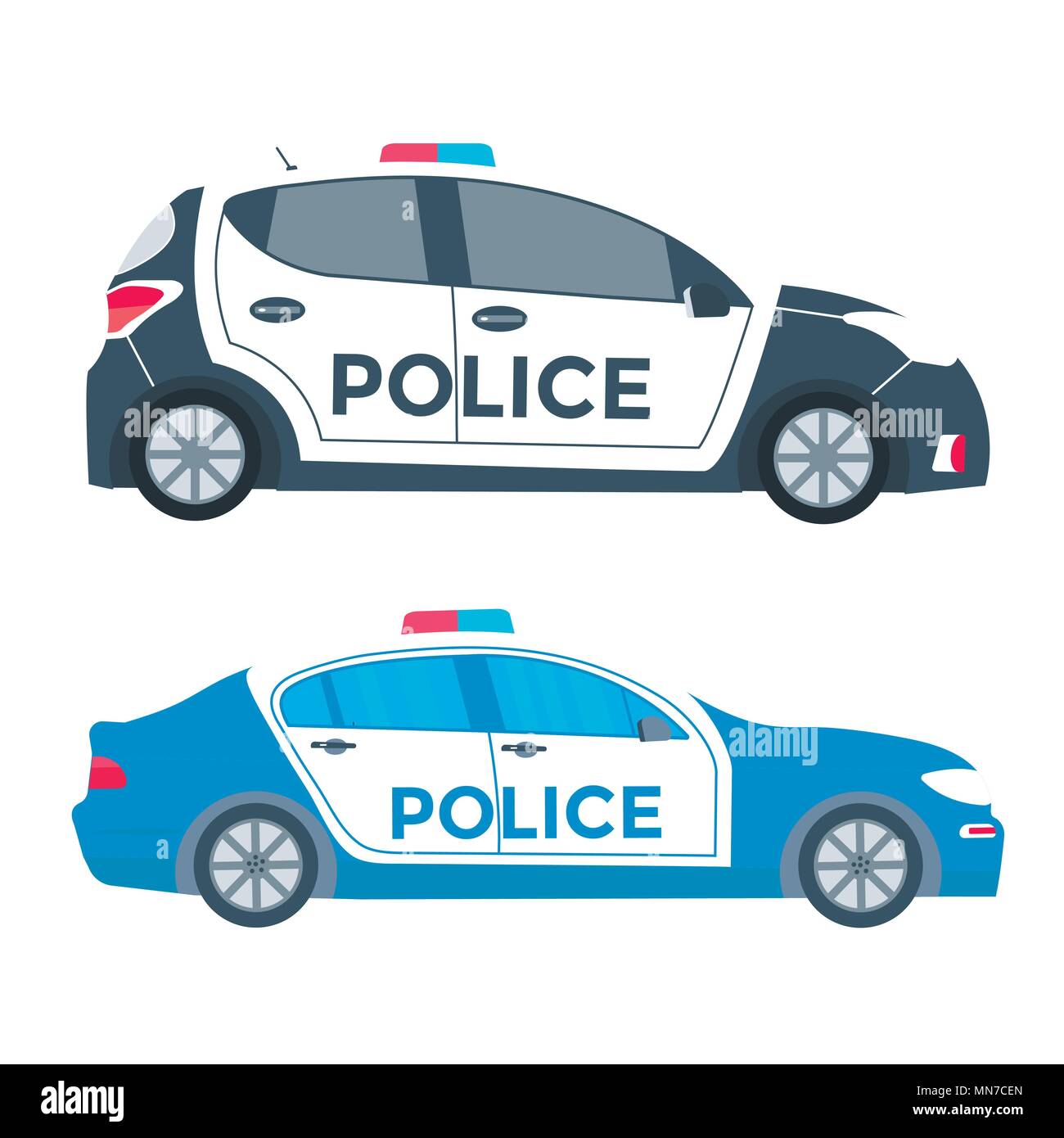 Police patrol on a road with police car.  vehicle with rooftop flashing lights. Flat vector illustration. Stock Vector