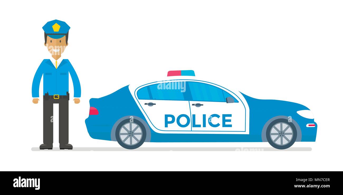 Police patrol on a road with police car, officer. Policeman in uniform,  vehicle with rooftop flashing lights. Flat vector illustration. Stock Vector