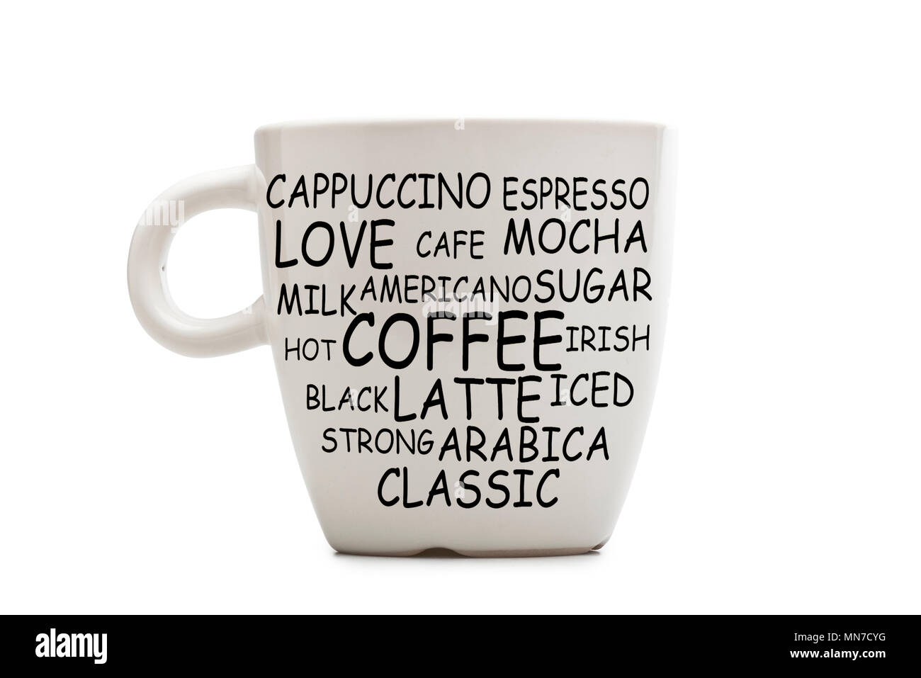 Elegant tea or coffee mug  with text isolated. Stock Photo