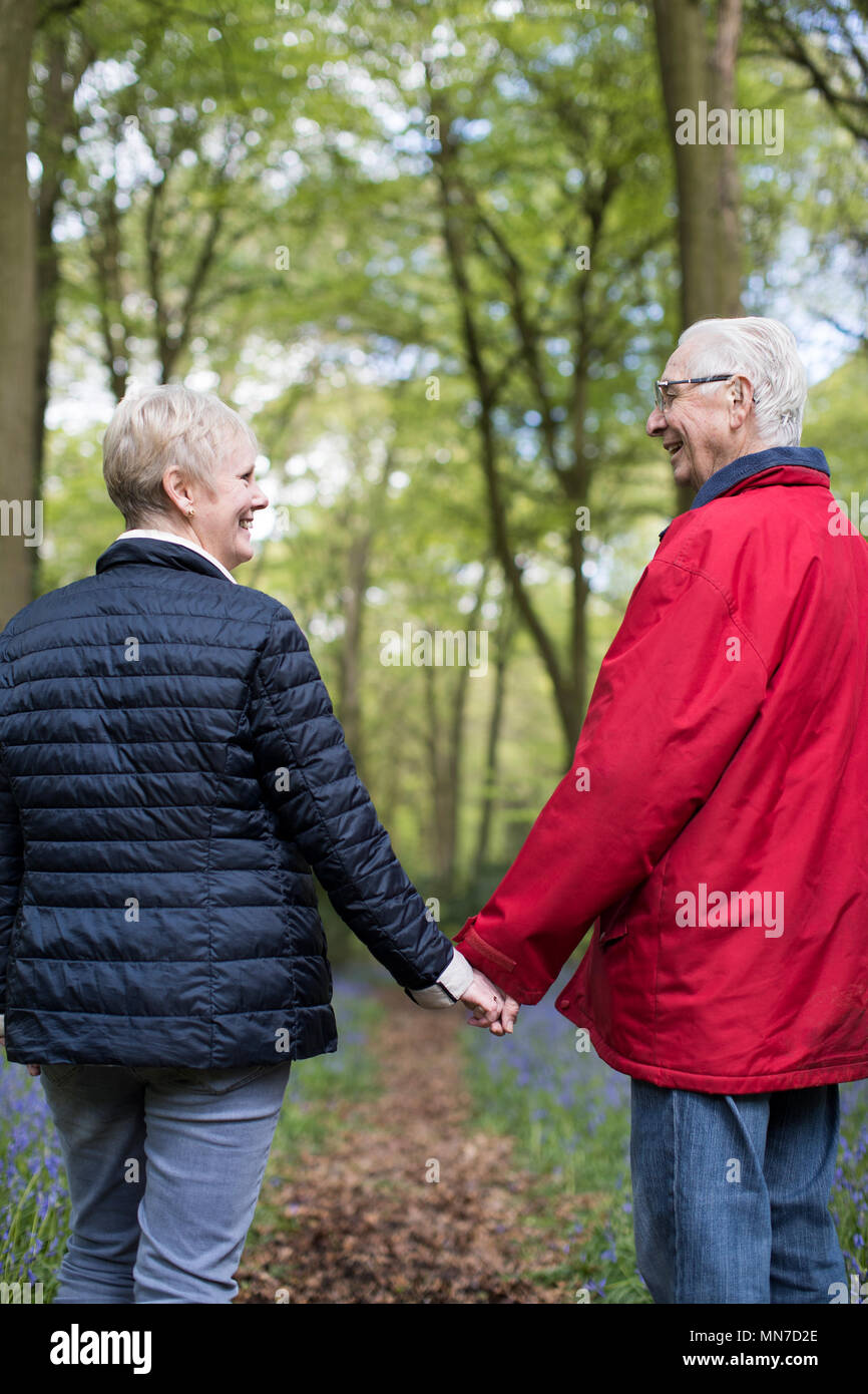 Rear View Of Senior Couple Walking Hand In Hand Through Bluebell Wood ...