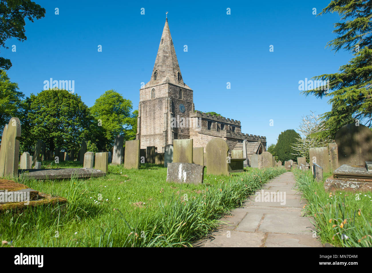 The medieval Church of Saint Peter and Saint Paul in the village of Old Brampton, Derbyshire. Stock Photo