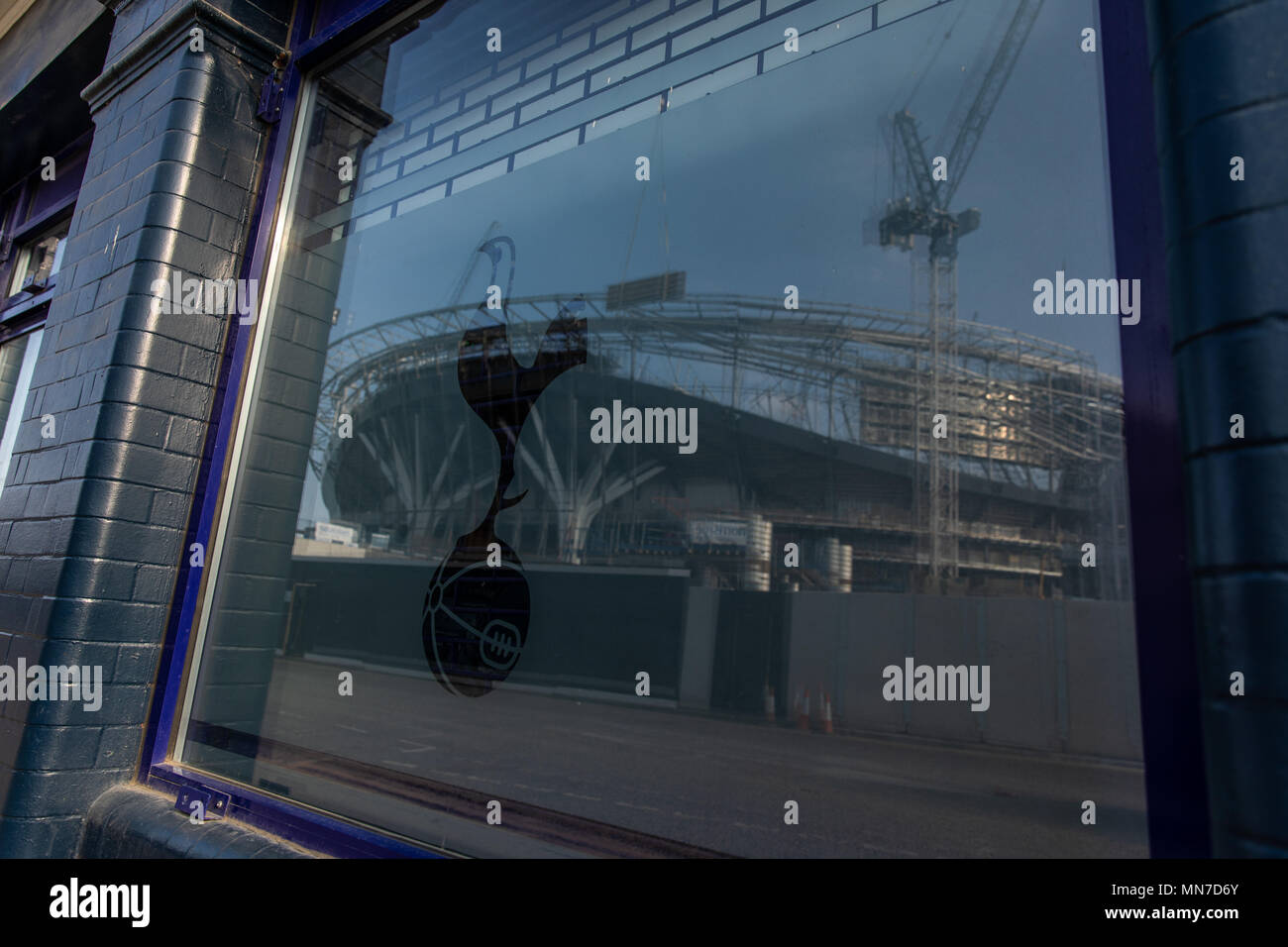 A general view of the ongoing building works on Tottenham Hotspur's new White Hart Lane stadium reflected in a window in London. PRESS ASSOCIATION Photo. Picture date: Monday May 14, 2018. Photo credit should read: Steven Paston/PA Wire Stock Photo
