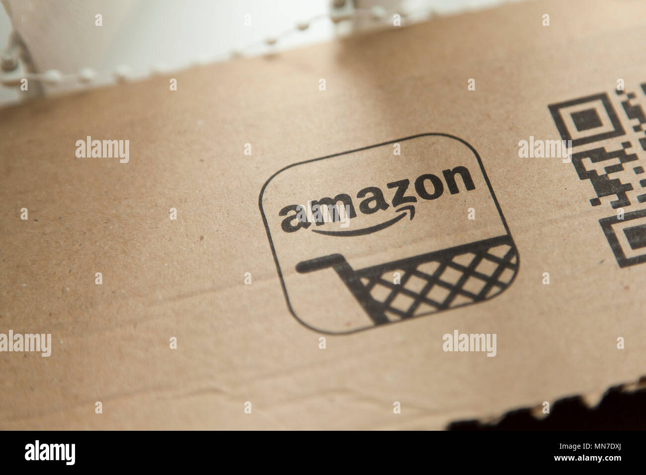 OXFORD, UK MAY 22nd 2017 Amazon logo on a parcel. Amazon is the