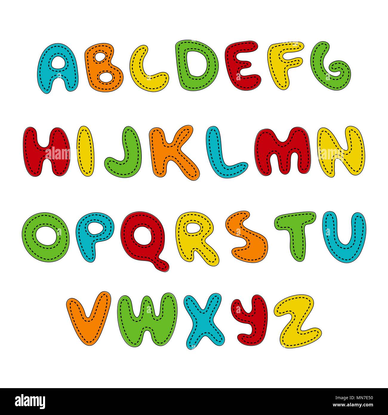 Hand written display colored font, Kid style. ABC. Stitched, patched, sewed, Decorative funny Vector alphabet and numbers. Stock Vector