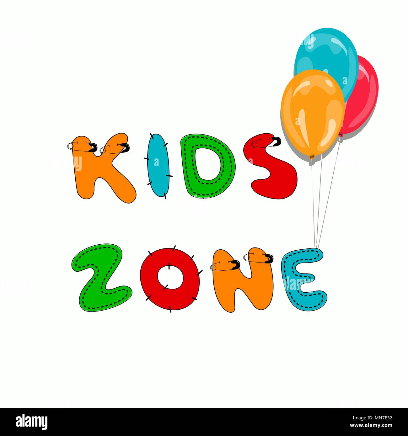 Kids zone logo sign. Hand written display colored text. Stitched, patched, sewed, decorative funny letters Stock Vector
