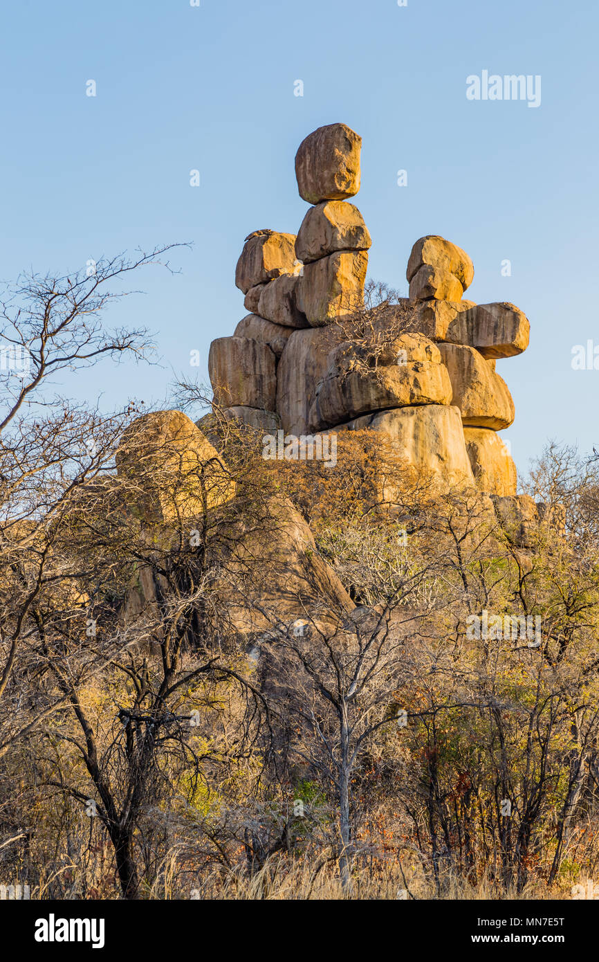 Mother and Child balancing rocks in Matobo National Park, Zimbabwe. Stock Photo