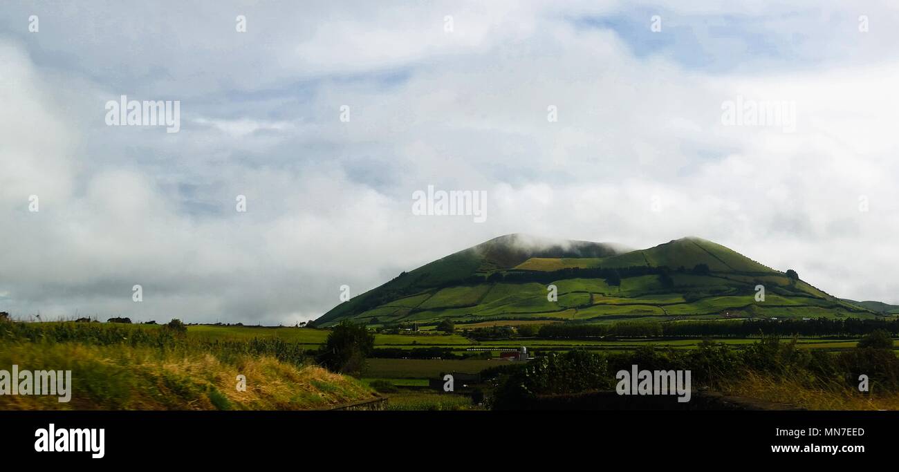 Aerial panorama view to Pico do Carvao and hill at Sao Miguel, Azores Stock Photo