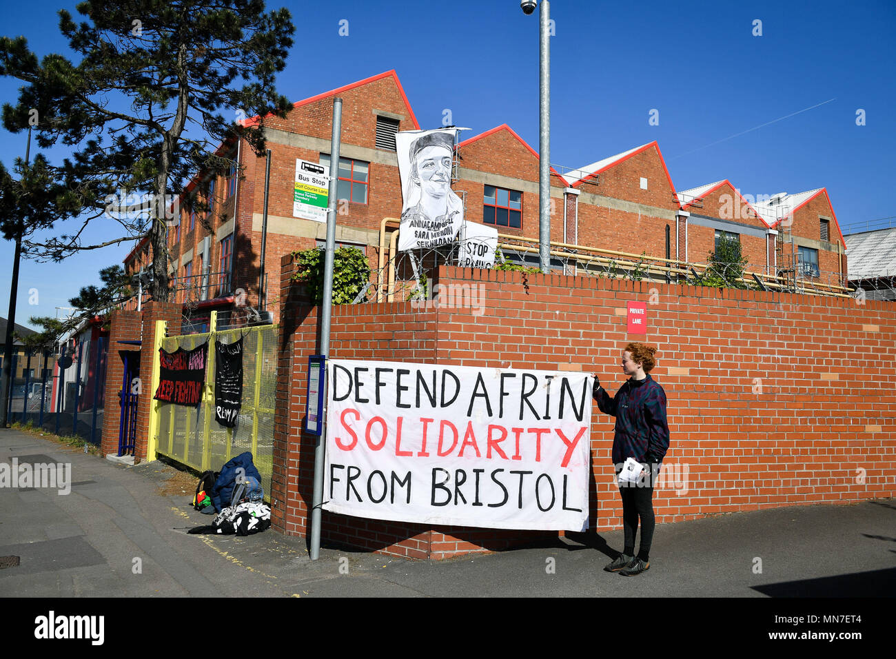 A group protesting Airbus' sale of military hardware to the Turkish army have hung banners from the rooftop of the Airbus site in Filton, Bristol. PRESS ASSOCIATION Photo. Picture date: Tuesday May 15, 2018. The banners depict women who were killed fighting alongside Kurdish forces in Syria, including Anna Campbell from Bristol. Photo credit should read: Ben Birchall/PA Wire PRESS ASSOCIATION Photo. Picture date: Tuesday May, 15, 2018. Photo credit should read: Ben Birchall/PA Wire Stock Photo