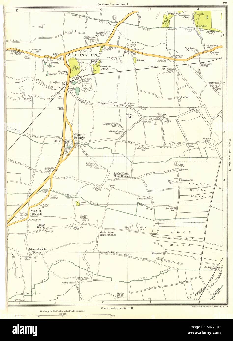 LANCS.Little Hoole Moss,Much,town,Walmer bridge,Longton,Goose Green 1935 map Stock Photo