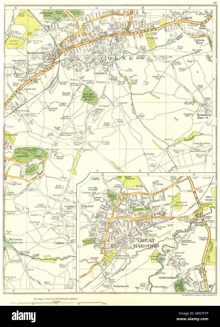 Map Of Great Harwood Lancs.colne,Bunker's Hill,Great Harwood,Catlow,Lenches,Trawden Forest 1935  Map Stock Photo - Alamy