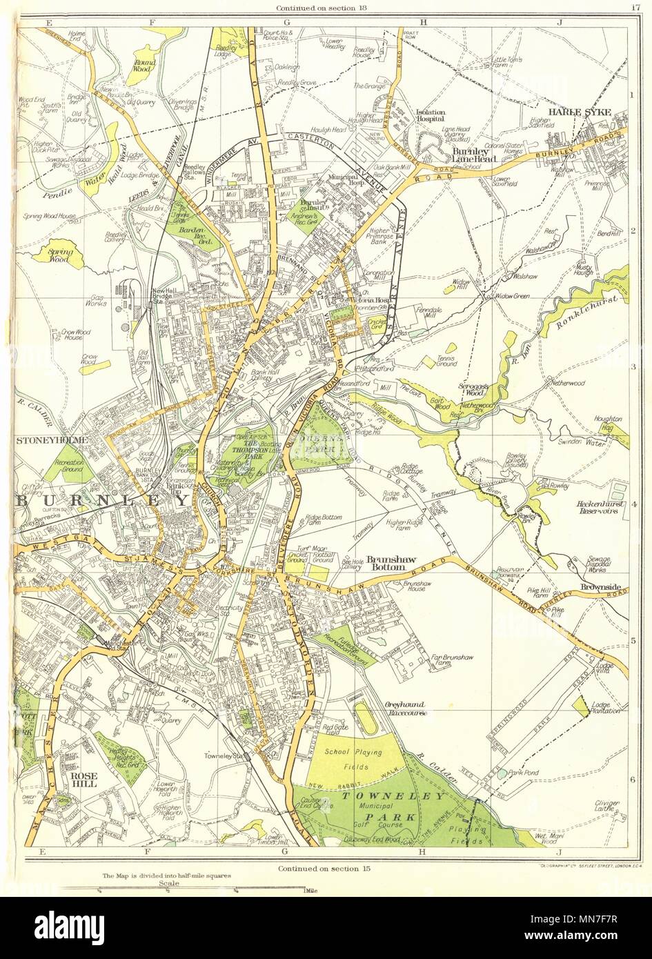 BURNLEY.Burnley,Rose Hill,Brunshaw Bottom,Stoneyholme,Harle Syke 1935 old map Stock Photo
