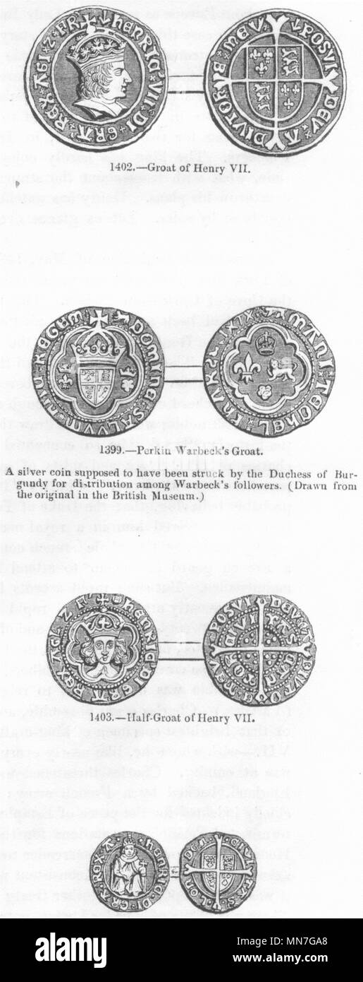 HENRY VII COINS. Groat; Perkin Warbeck's; Penny 1845 old antique print picture Stock Photo