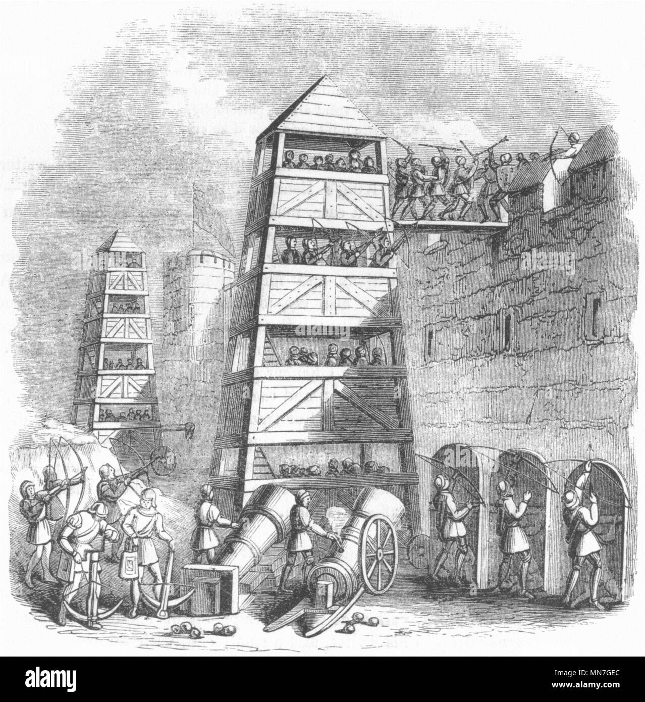 SIEGES. Breach-Tower; Archer, pavison; cannon, crossbow 1845 old antique print Stock Photo