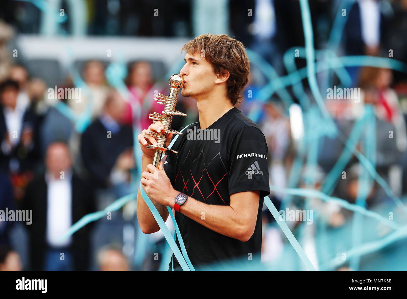 Madrid, Spain, May 13, 2018. 13th May, 2018. Alexander Zverev (GER) Tennis  : Alexander Zverev of Germany kiss for the trophey after winning singles  final round match against Dominic Thiem of Austria