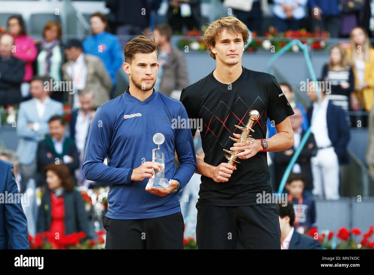 Madrid, Spain, May 13, 2018. 13th May, 2018. (L-R) Dominic Thiem (AUT),  Alexander Zverev (GER) Tennis : Alexander Zverev of Germany and Dominic  Thiem of Austria after singles final round match on
