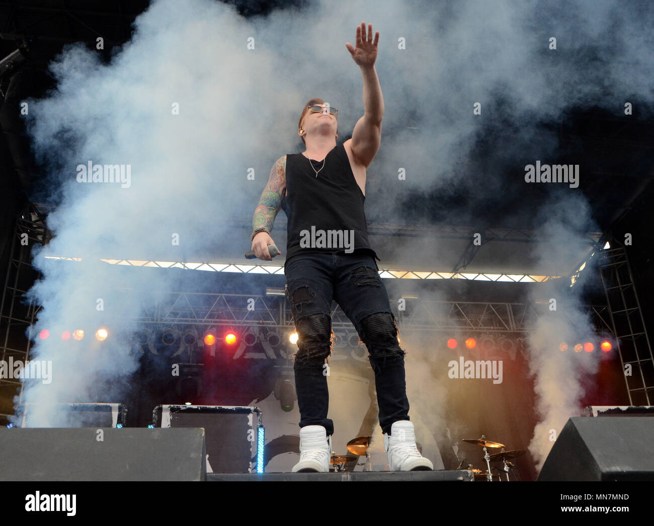 Somerset, Wisconsin, USA. 12th May, 2018. Lead singer Jesse Barnett of the  band Stick To Your Guns performs during the Northern Invasion Music  Festival in Somerset, Wisconsin. Ricky Bassman/Cal Sport Media/Alamy Live