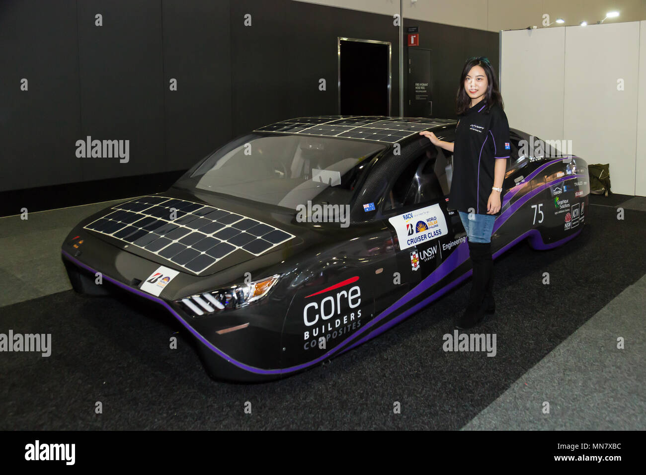 Sydney, Australia. 15th May, 2018. Sydney, Australia. 15th May, 2018. CeBIT Australia brings together the coolest technology and the world’s most innovative minds, at the International Convention Centre , Darling Harbour, Sydney, Australia. Catherine Liao shows a Solo Car, one of the students at University at New South Wales-UNSW, who was involved in the design and invention of 'Violet' part of Team Sunswift at UNSW. Credit: Paul Lovelace/Alamy Live News Credit: Paul Lovelace/Alamy Live News Stock Photo
