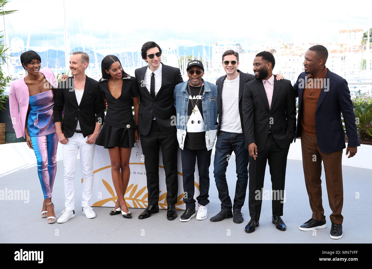 Cannes. 15th May, 2018. Director Spike Lee (4th R) and the crew of the film 'BlacKkKlansman' pose during a photocall of the 71st Cannes International Film Festival in Cannes, France on May 15, 2018. The 71st Cannes International Film Festival is held from May 8 to May 19. Credit: Luo Huanhuan/Xinhua/Alamy Live News Stock Photo