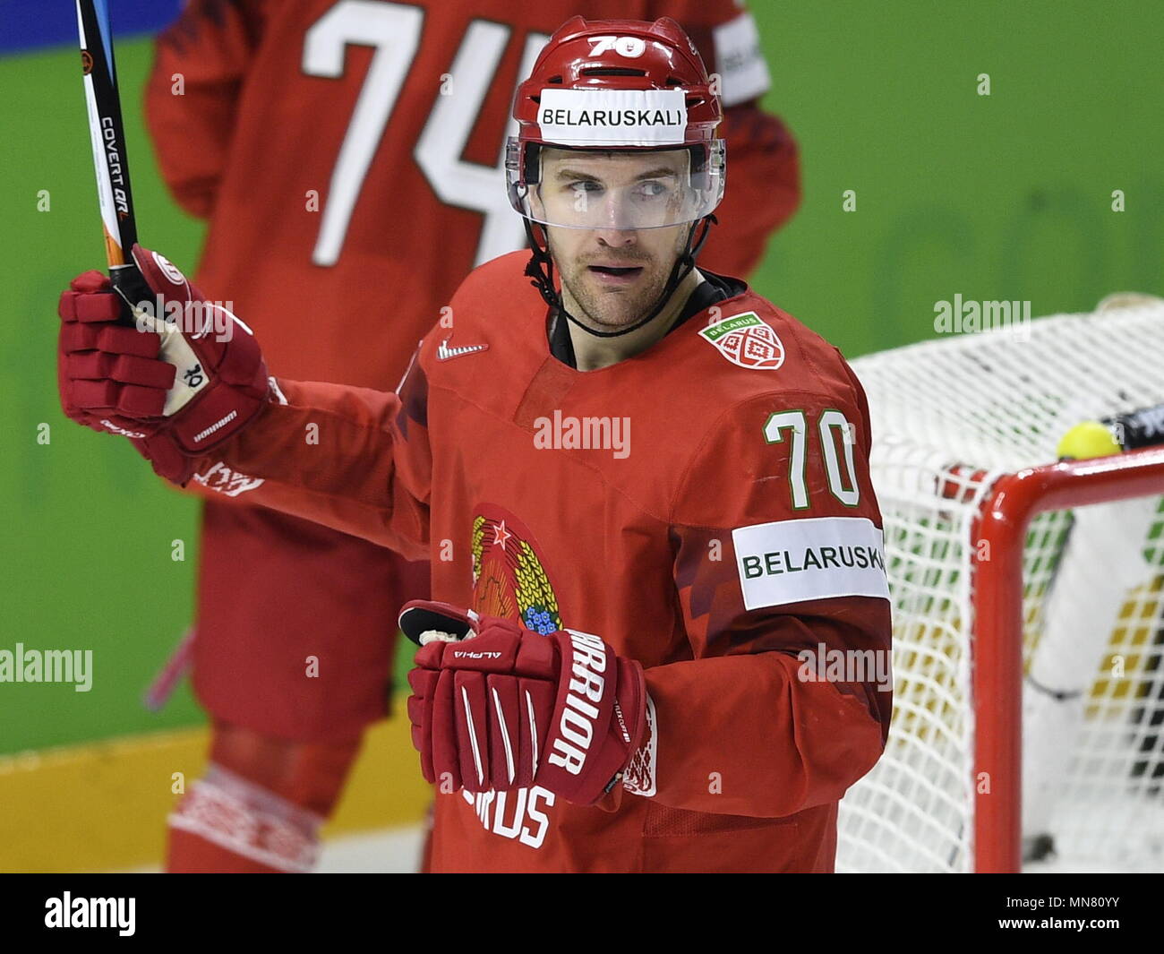 Kodan, Denmark. 15th May, 2018. Charles Linglet (BLR) celebrates goal  during the Ice Hockey World Championships match Belarus vs Slovakia, in  Copenhagen, Denmark, May 15, 2018. Credit: Ondrej Deml/CTK Photo/Alamy Live  News