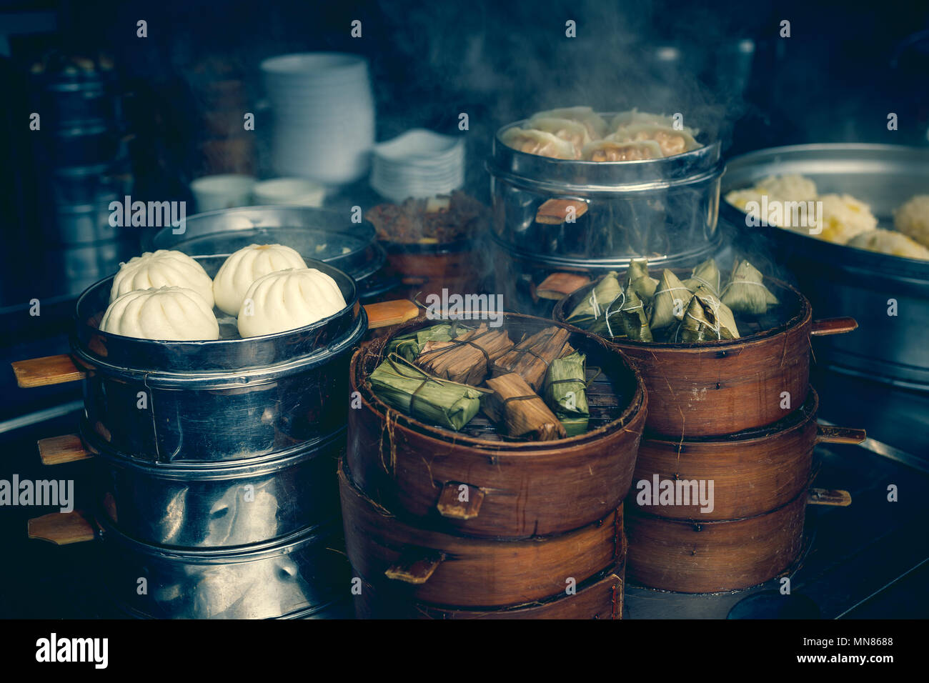 Street food booth selling chinese specialty steamed dumplings in china Stock Photo