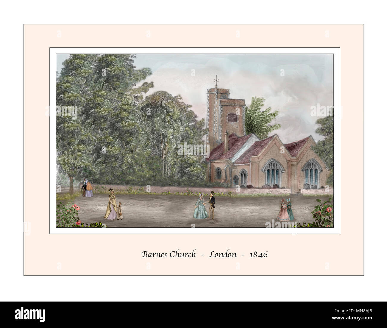 Barnes Church London Original Design based on a 19th century Engraving Stock Photo