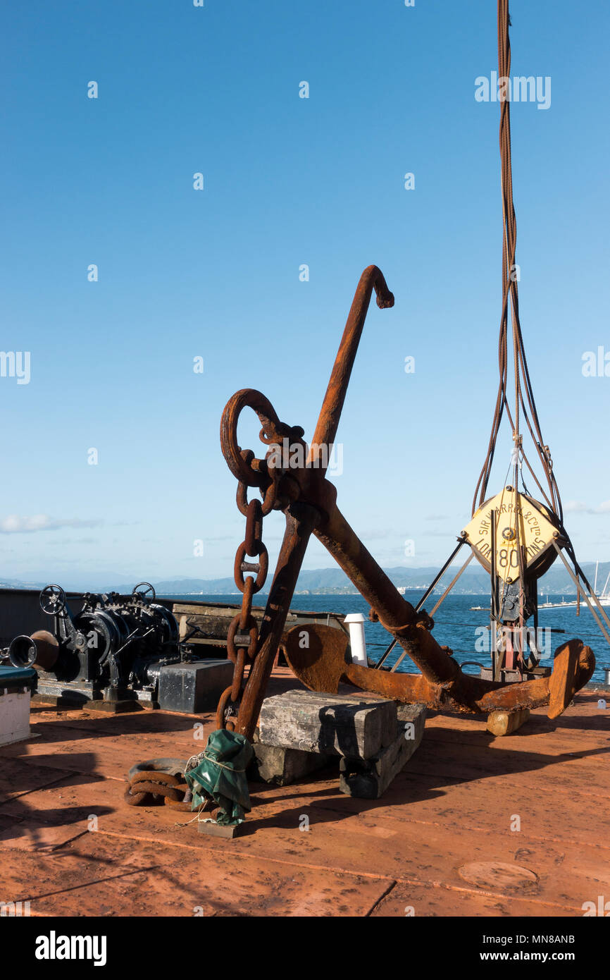 The rusting anchor of the Hikitia Steam Powered Floating Crane in Wellington, New Zealand Stock Photo