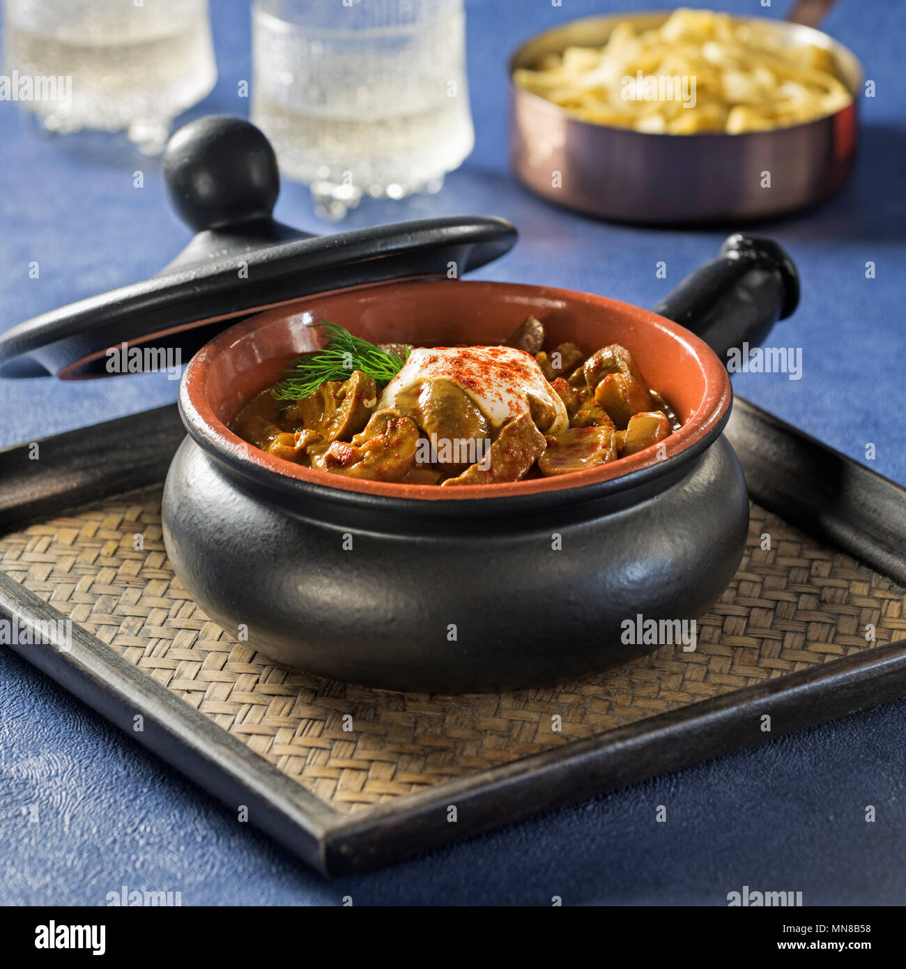 Beef Stroganoff. Russian origin dish of beef in sour cream sauce Stock