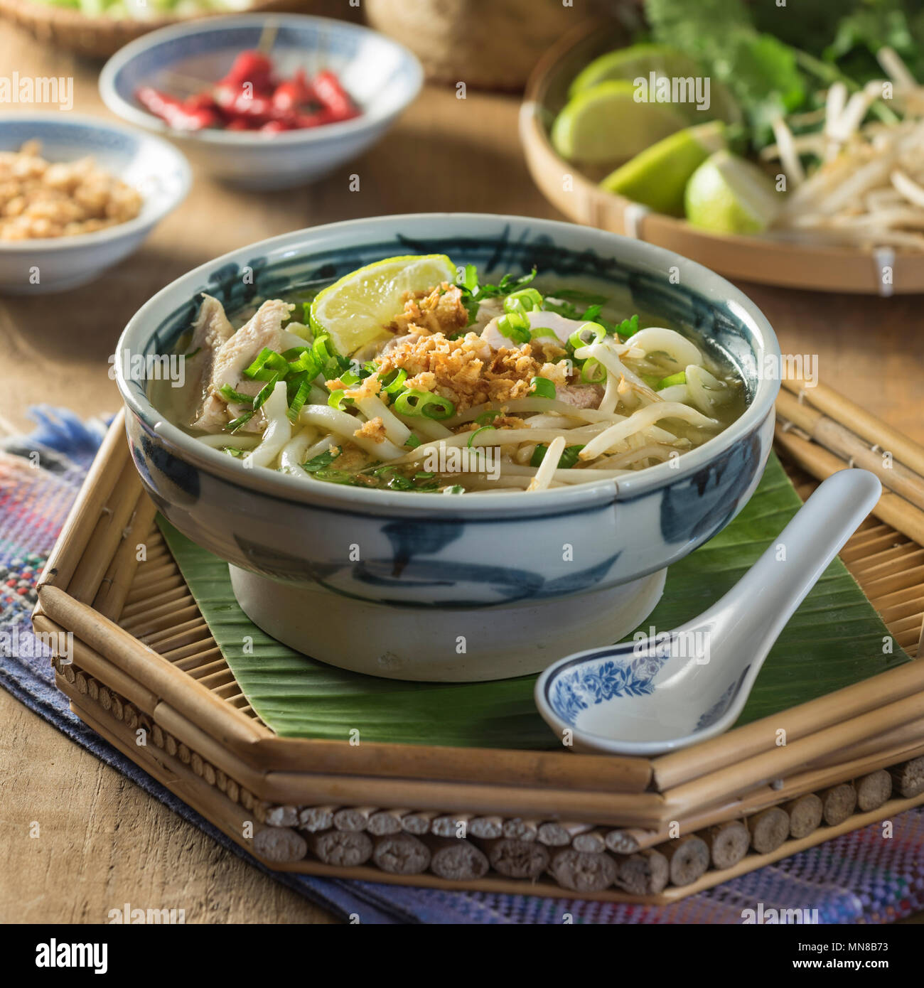 Khao piak sen. Lao chicken noodle soup. Laos Food Stock Photo