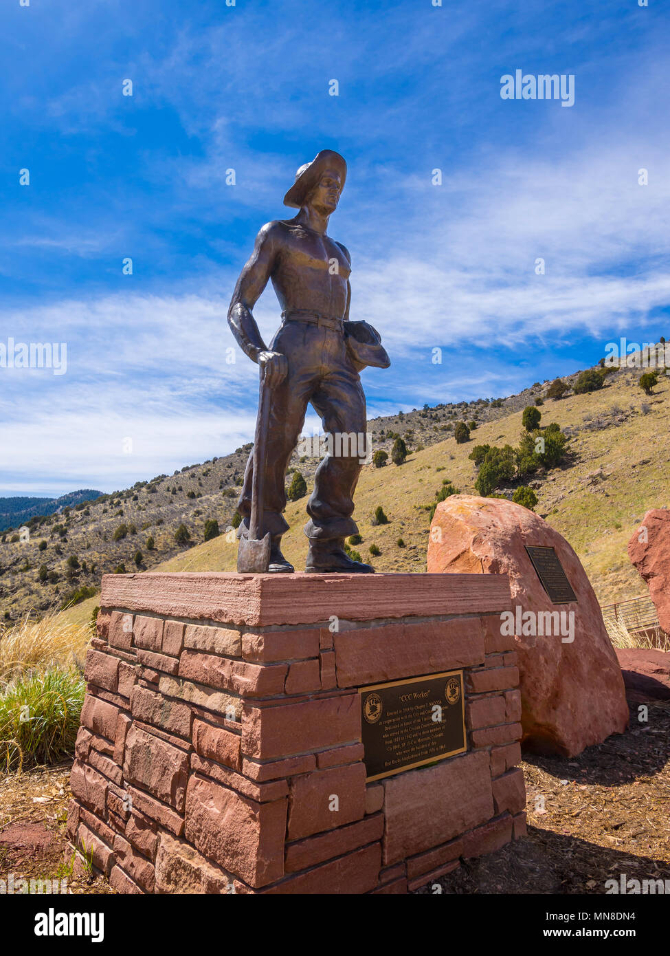 Bronze statue of 'CCC Worker' at Red Rocks Amphitheatre, Colorado, USA. Stock Photo