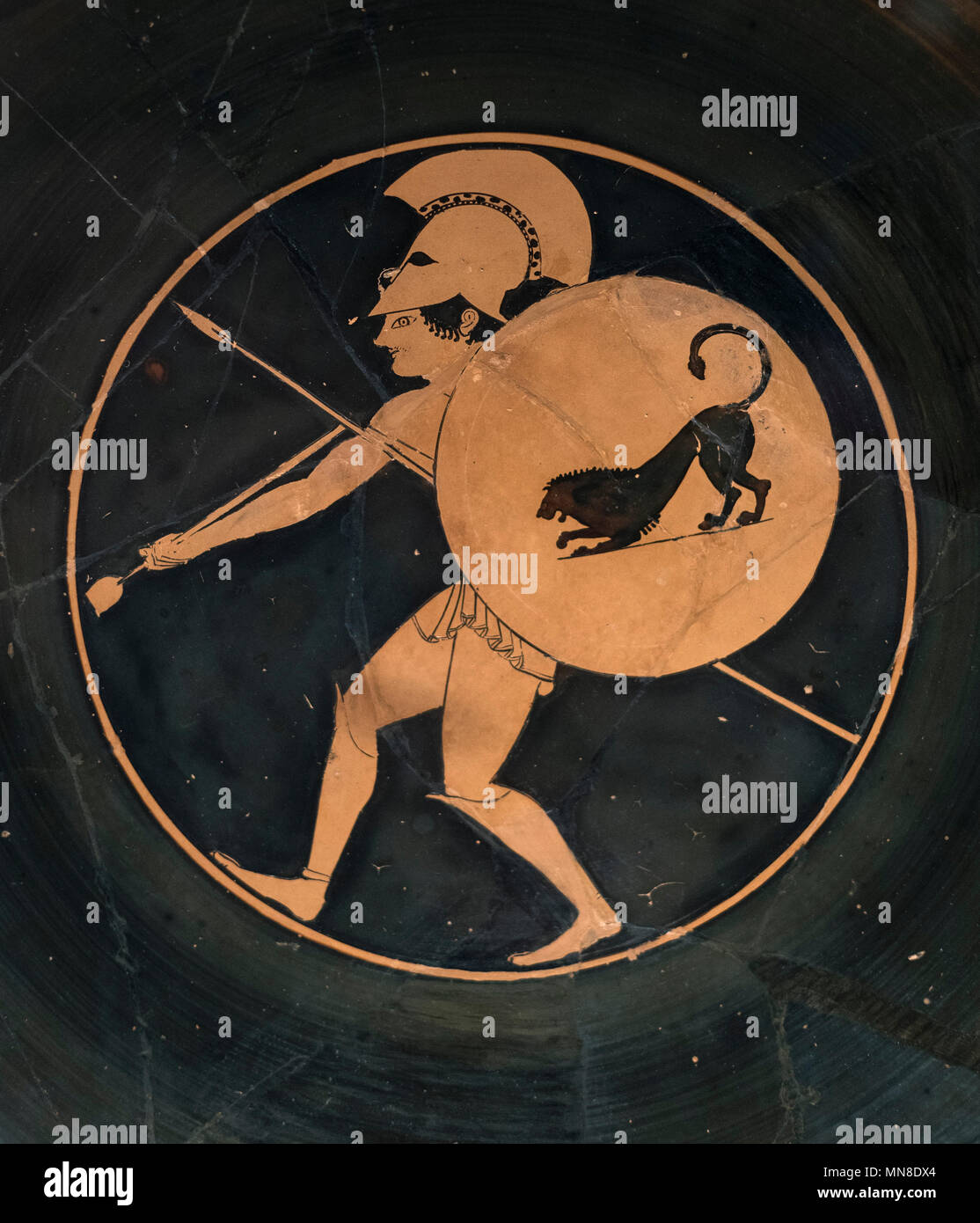 Berlin. Germany. Altes Museum. Attic red-figure Cup / Kylix, Drinking Cup of Oltos: The Death of Patroclus, tondo depicting a warrior, made by the pot Stock Photo