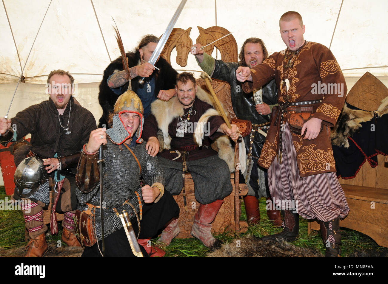 Group of men dressed up as viking in tent roaring and gesturing to the ...