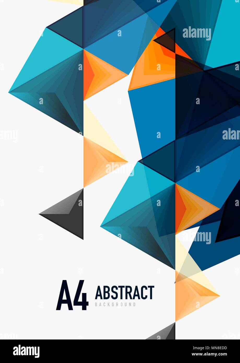Triangular low poly vector a4 size geometric abstract template. Triangular low poly vector a4 size geometric abstract template. Multicolored triangles on light background, futuristic techno or business design Stock Vector