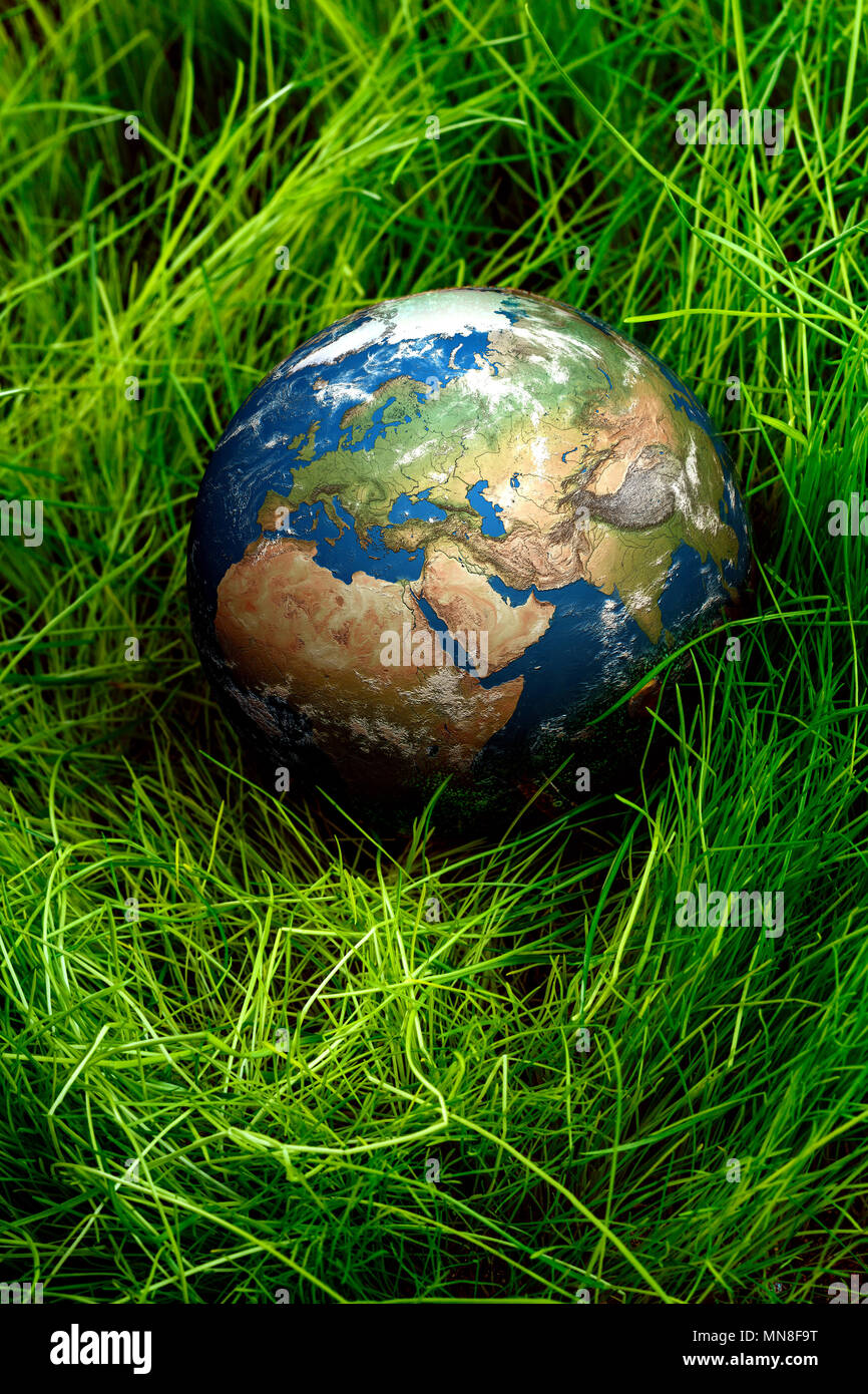 Globe lies on green grass. Concept - Earth Day Stock Photo - Alamy