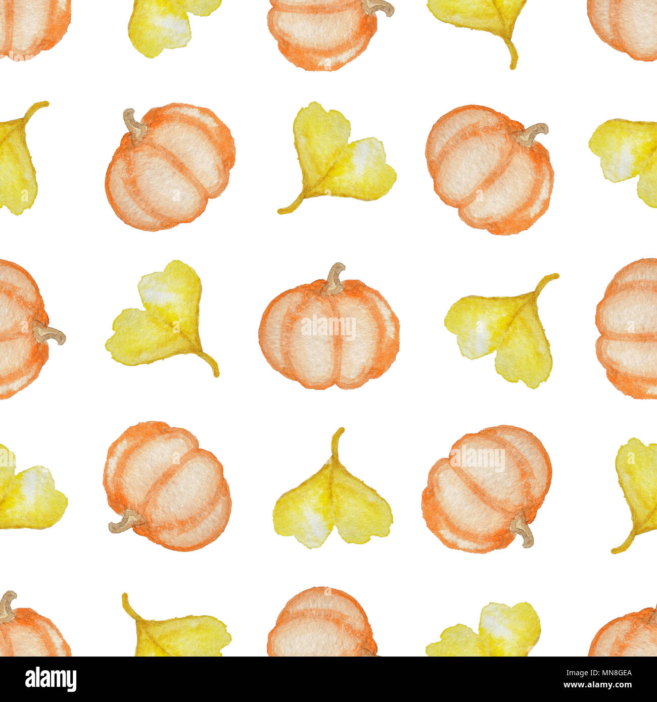 Watercolor seamless pattern with orange ripe pumpkin and yellow leaves ...