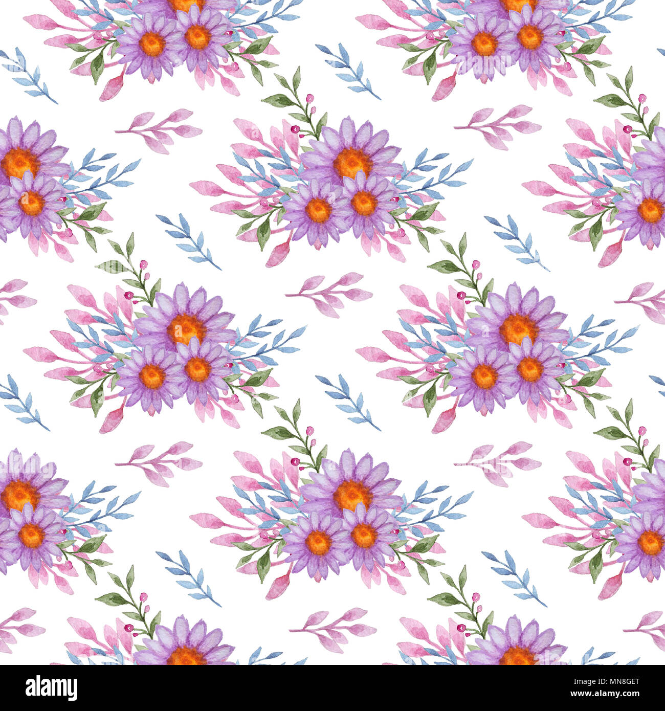 Floral watercolor seamless pattern with violet flowers and branch on a ...