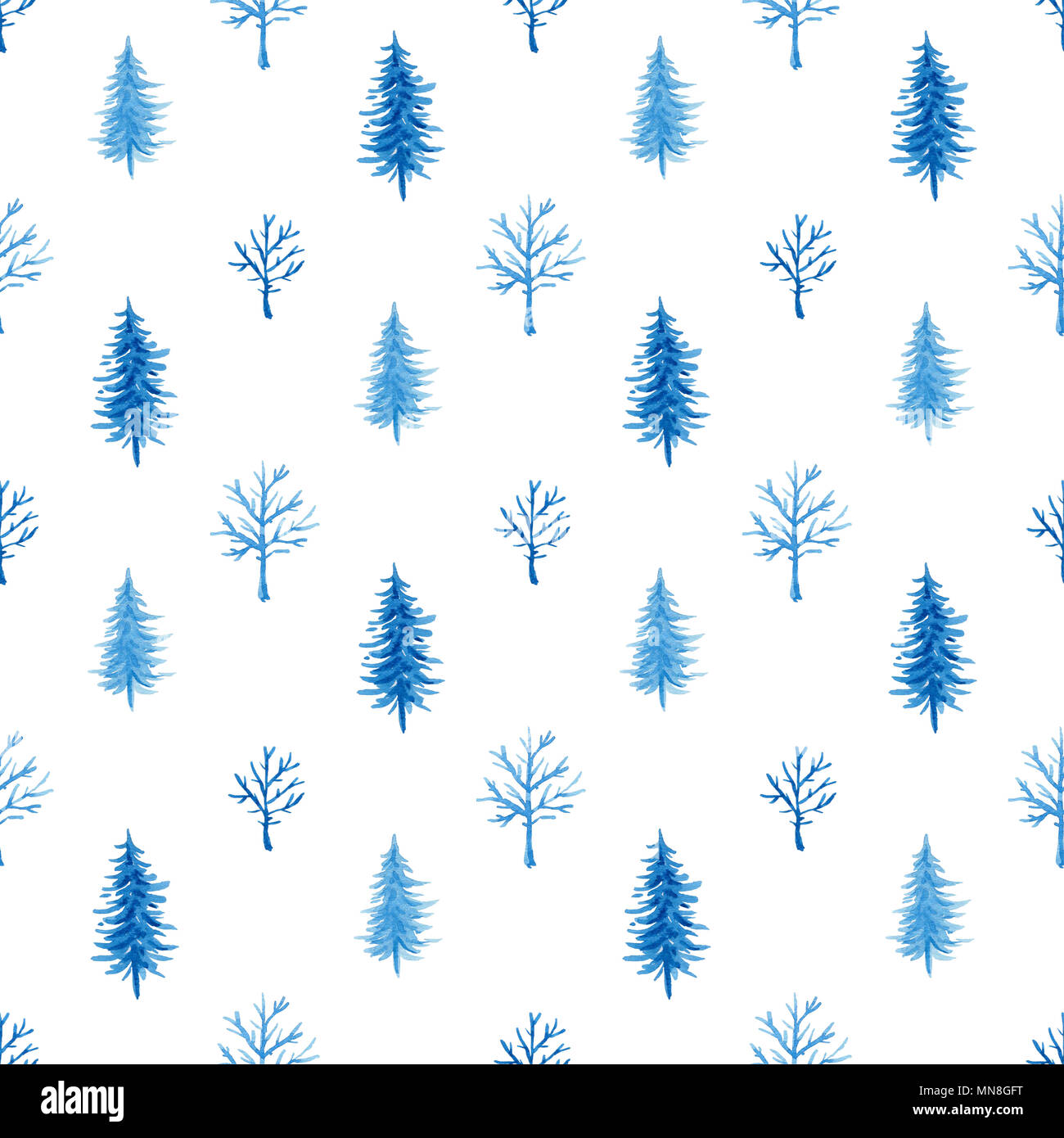 Decorative hand drawn watercolor seamless pattern with blue trees on a ...