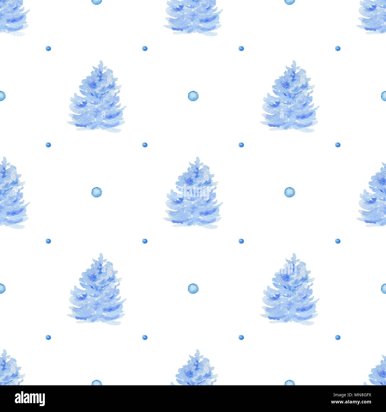 Decorative hand drawn watercolor seamless pattern with blue fir trees ...