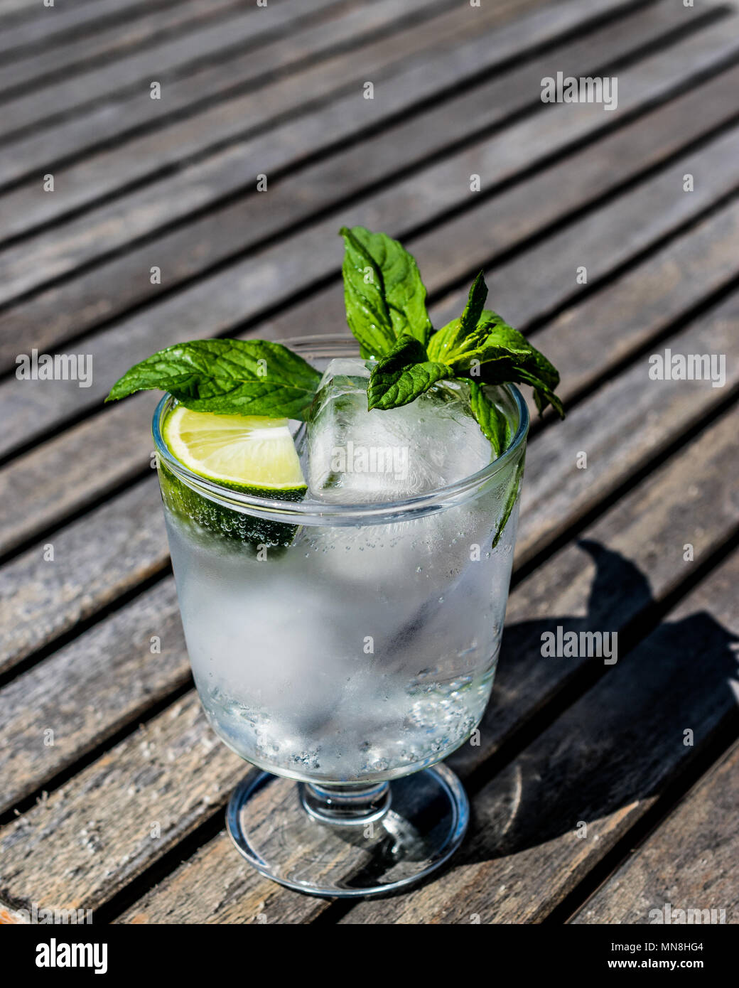 Vodka or Gin Tonic Cocktail with lime, mint leaves and ice at the