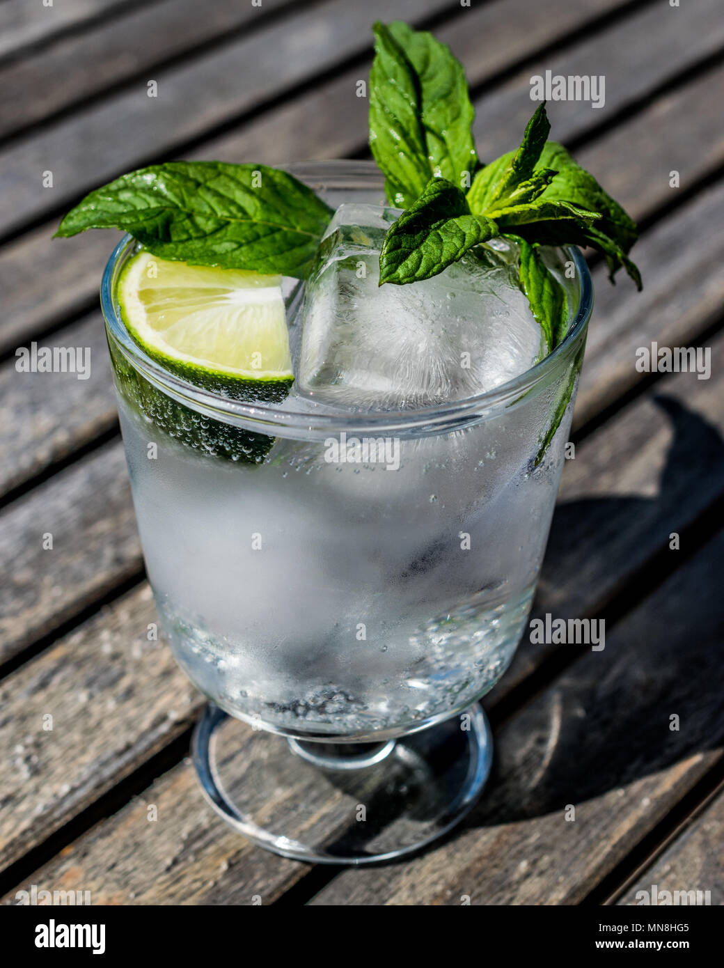Vodka or Gin Tonic Cocktail with lime, mint leaves and ice at the