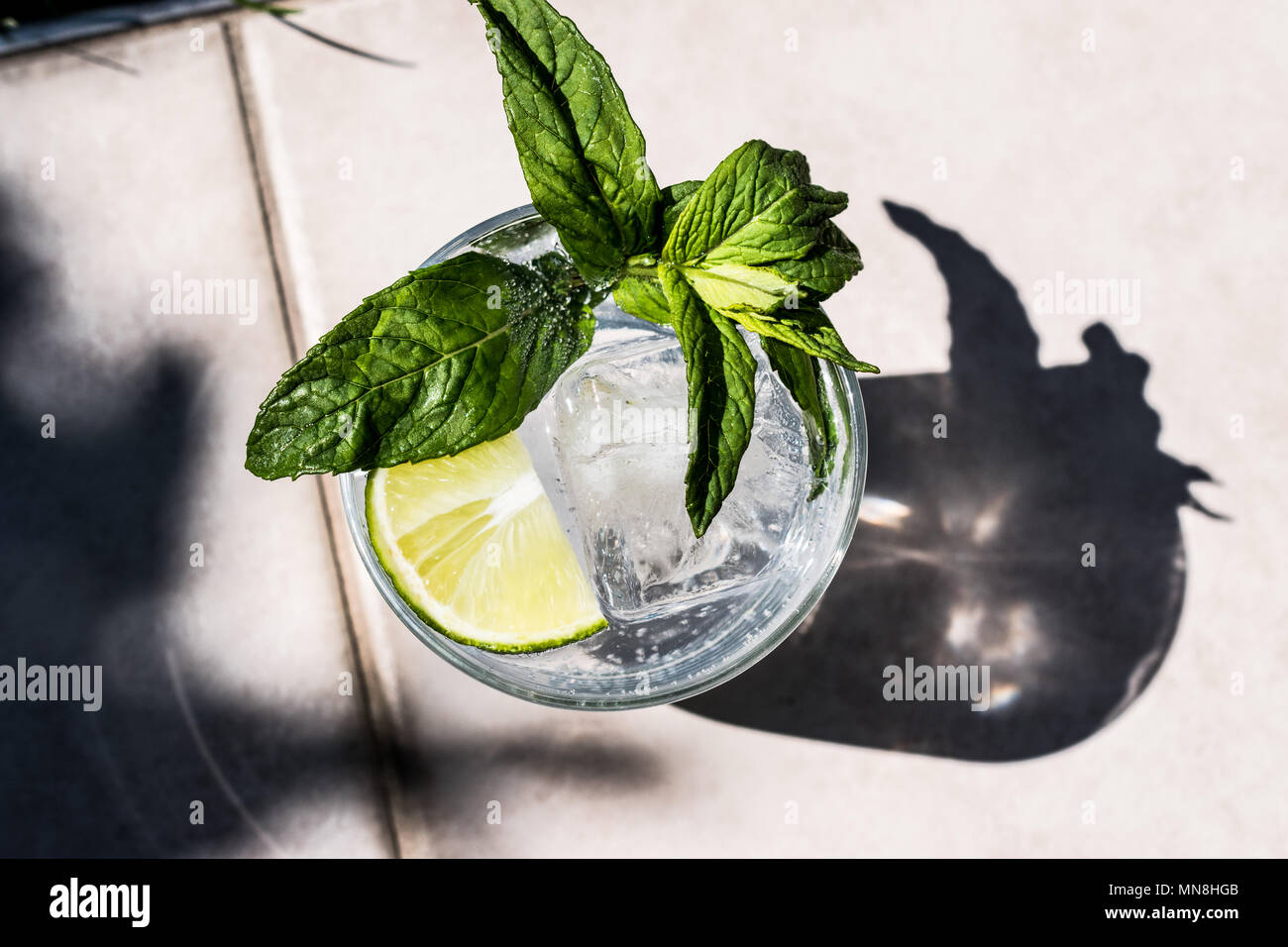 Vodka or Gin Tonic Cocktail with lime, mint leaves and ice at the