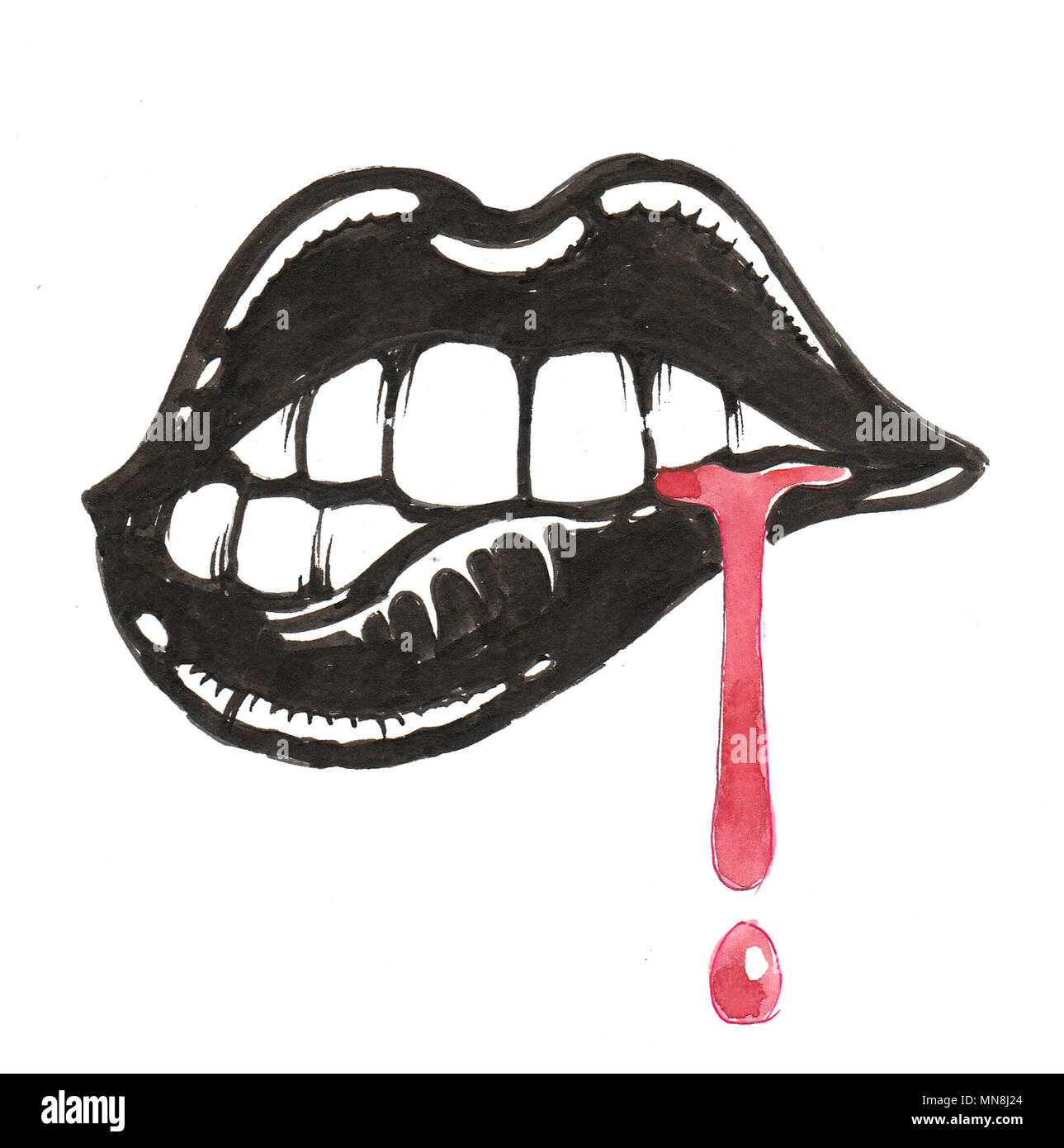 Black lips and red blood. Ink and watercolor illustration Stock Photo