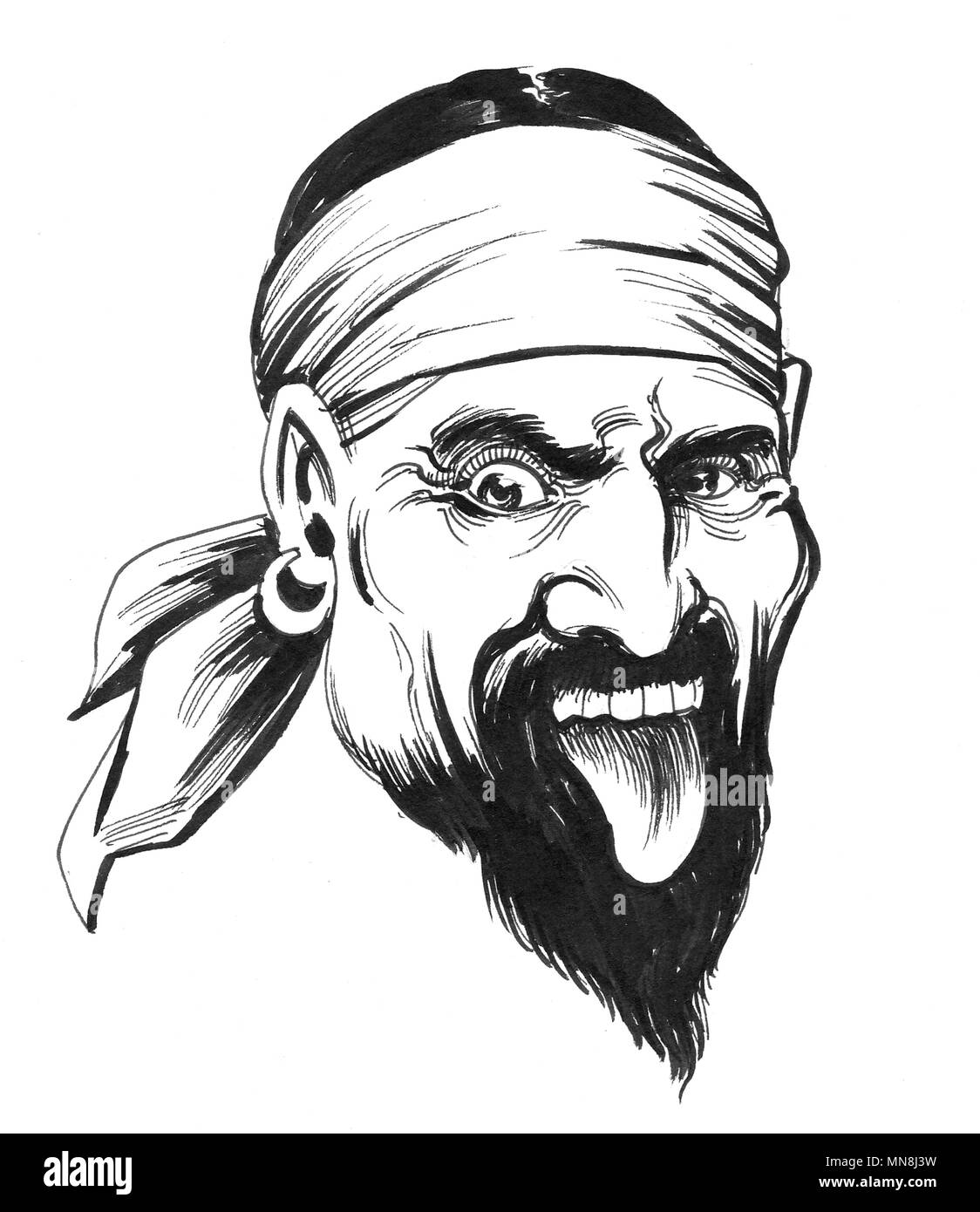 Crazy pirate character. Ink black and white illustration Stock Photo ...