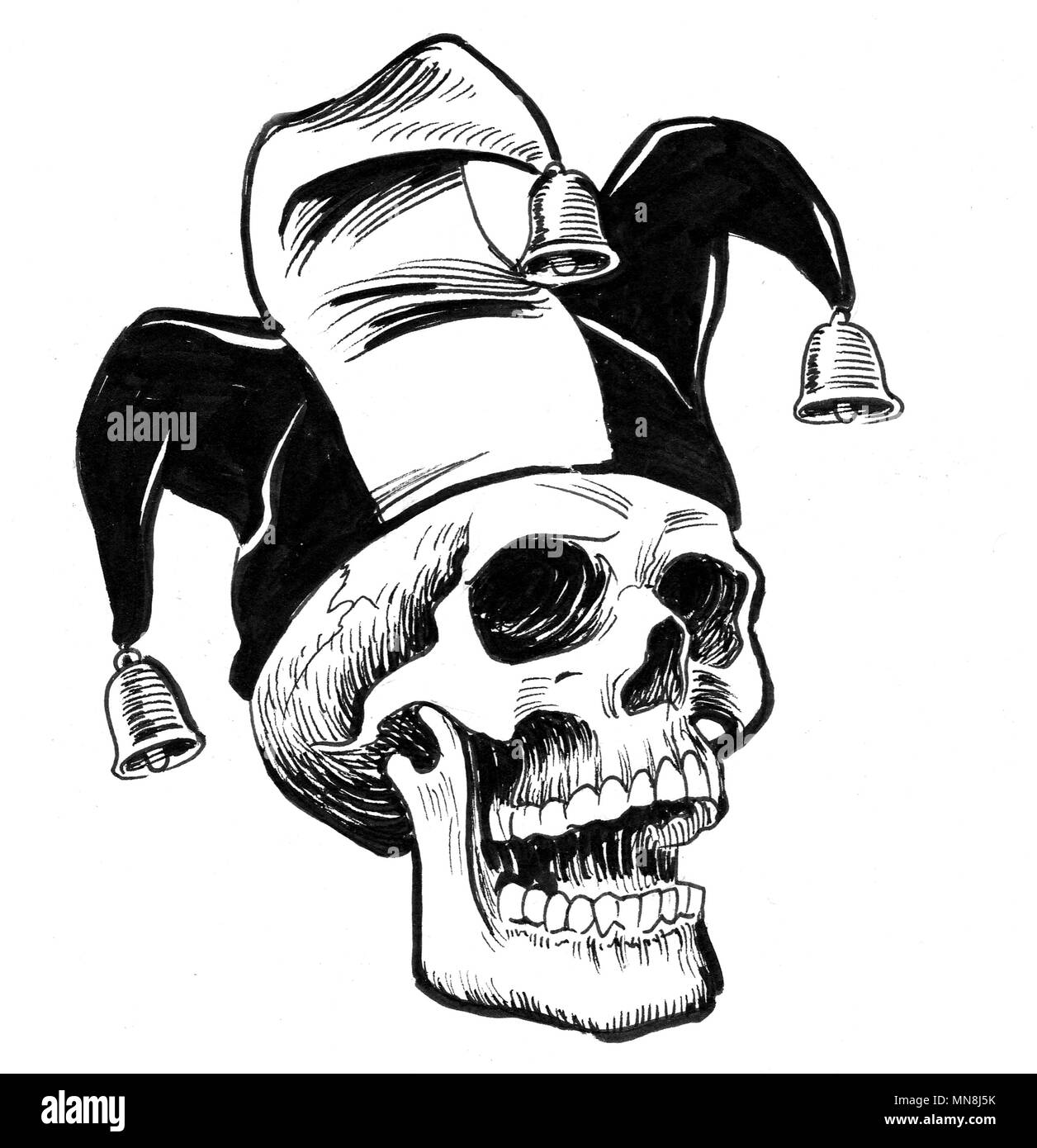Jester skull. Ink black and white 