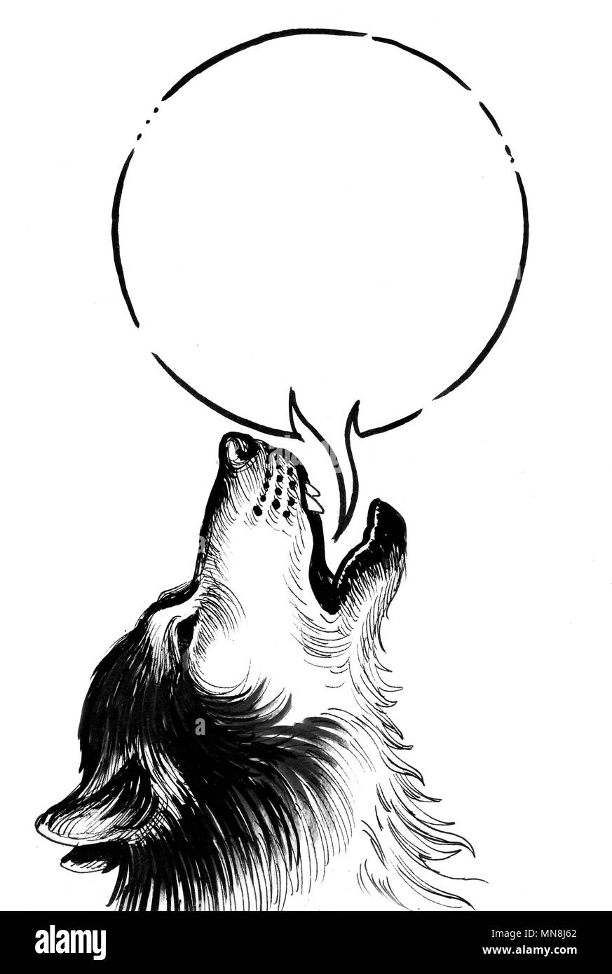 Howling wolf with a speech balloon. Ink black and white illustration Stock Photo
